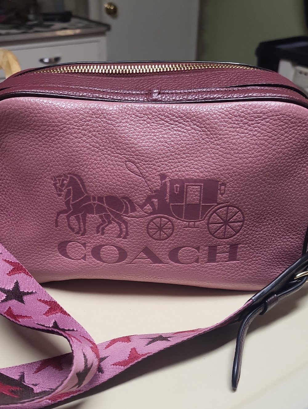 COACH Pink Pebbled Leather Logo Crossbody with Star Strap